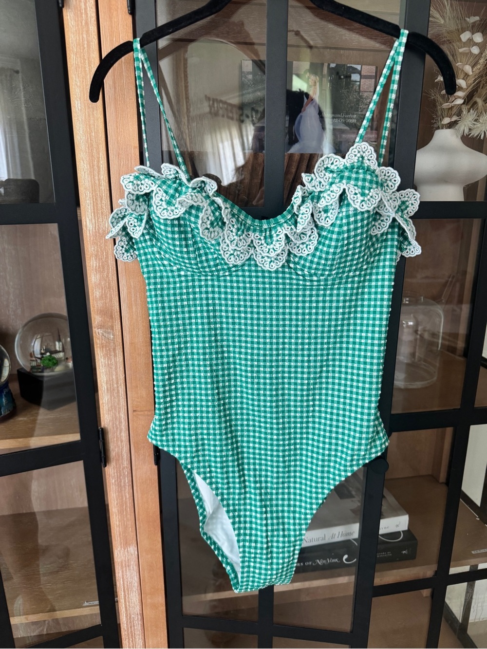 J. Crew Scalloped eyelet ruffle one piece swimsuit textured gingham kelly green